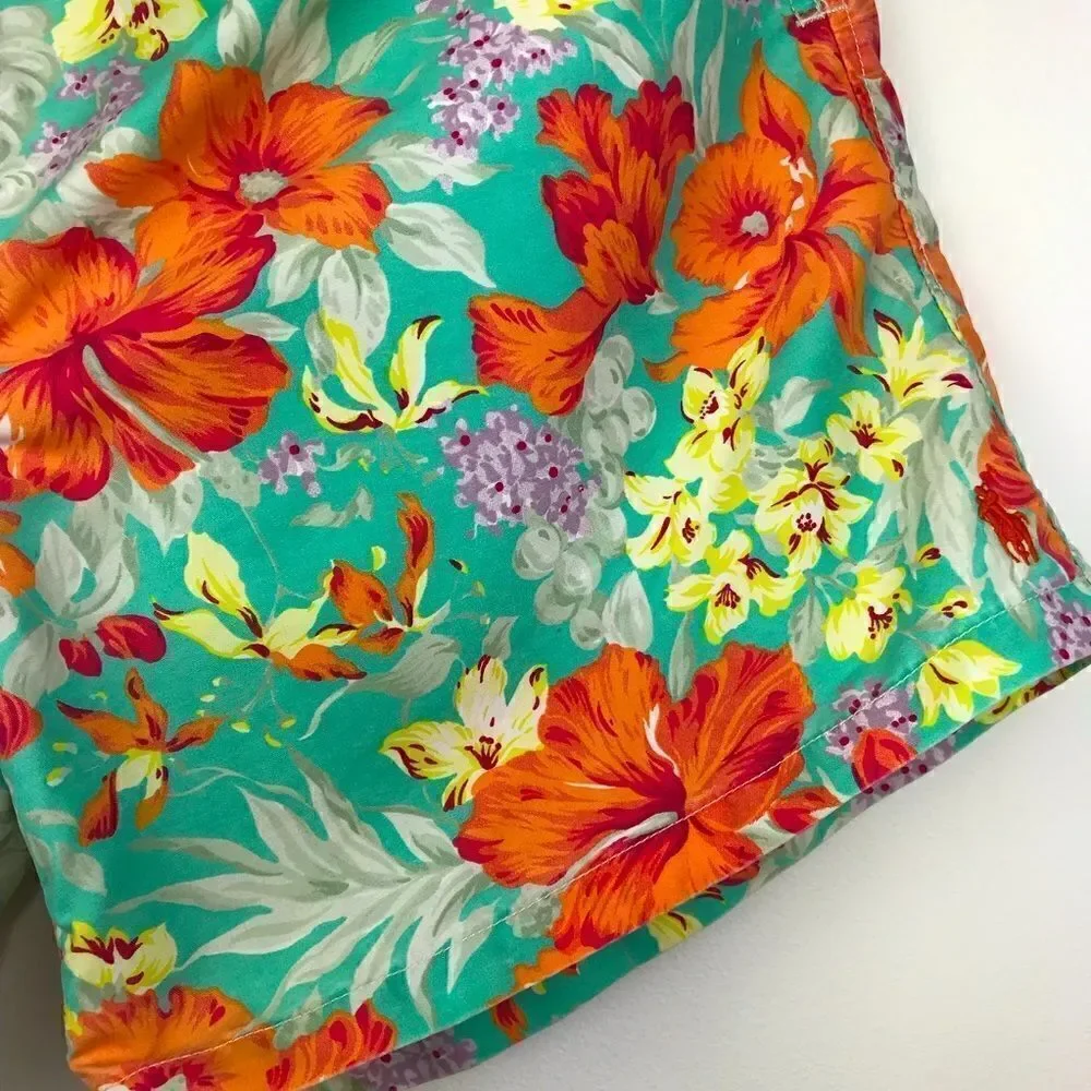 Polo Ralph Lauren Teal and Orange Hibiscus Tropical Print Swim Trunks